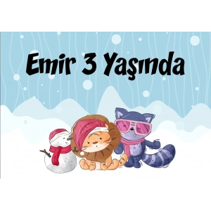 Sevimli Hayvanlar Kış Temalı doğum Günü Afişi 70X100 cm