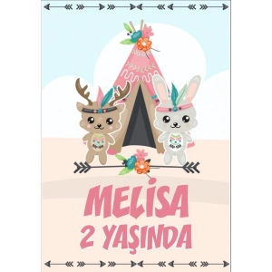 Sevimli Hayvanlar ve Çadır Temalı Doğum Günü Afişi - 70x100 Cm