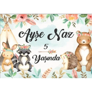 Sevimli Hayvanlar ve Çicekler Temalı Doğum Günü Afişi 100X150 cm