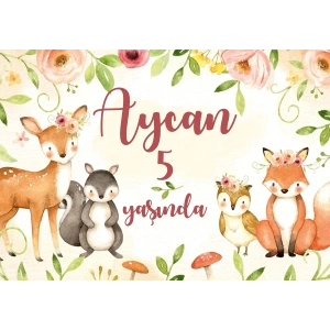 Sevimli Hayvanlar ve Çicekler Temalı Doğum Günü Afişi 100X150 cm