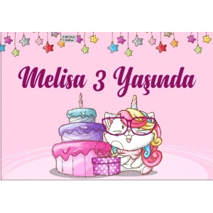 Unicorn ve Pasta Temalı Doğum Günü Afişi 70X100 cm