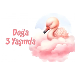 Pembe Sevimli Kuğu Temalı Doğum Günü Afişi 100X150 cm