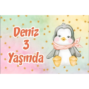 Sevimli Penguen Temalı Doğum Günü Afişi 50X70 cm