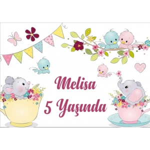 Fil ve Kedi Temalı Doğum Günü Afişi 70X100 cm