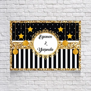 Siyah Beyaz Çizgili Gold Çerçeveli Doğum Günü Afişi 35X50 cm