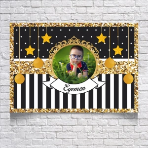 Siyah Beyaz Çizgili Gold Çerçeveli Doğum Günü Afişi 50X70 cm