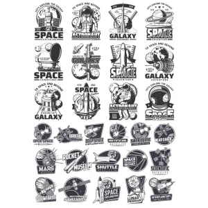 Siyah Beyaz Retro Uzay Sticker Set 28 Parça Telefon, Tablet, Defter, Laptop Sticker