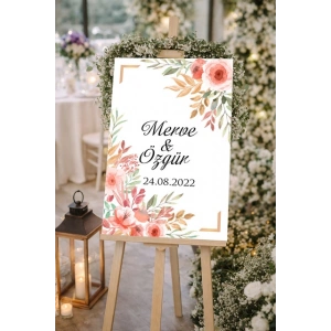 Beyaz Çiçekli Çerçeveli Düğün, Nişan ve Söz Karşılama Panosu – 50x70 cm