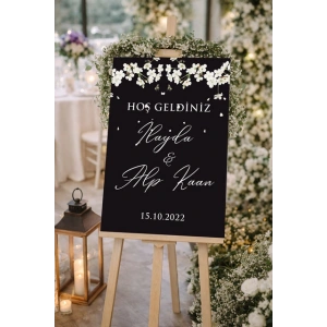Siyah Beyaz Çiçekli Düğün, Nişan ve Söz Karşılama Panosu – 50x70 cm