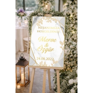 Gold Çiçekli gold Detaylı Düğün, Nişan ve Söz Karşılama Panosu – 50x70 cm