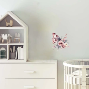 Soluk Pembe Kelebek ve Çiçekler Duvar Stickerı