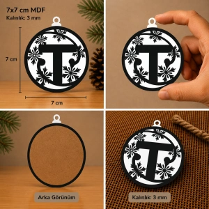 T Harf Yılbaşı Süsü – MDF Çam Ağacı Desenli Asılabilir Dekor (7x7 cm)