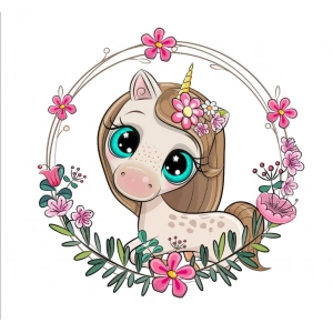 Tek Boynuzlu At Çiçek Çerçeveli Duvar Stickerı