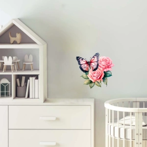 Tek Kanatlı Kelebek ve Çiçekler Duvar Stickerı