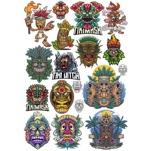Tiki Mask Sticker Set 1 16 Parça Telefon, Tablet, Defter, Laptop Sticker