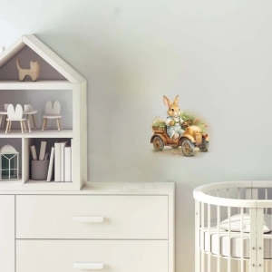 Traktör Kullanan Tavşan Duvar Stickerı - Beyaz Tulumlu