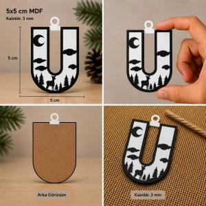 U Harf Yılbaşı Süsü – MDF Çam Ağacı Desenli Asılabilir Dekor (5x5 cm)