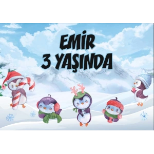 Penguen Temalı Doğum Günü Afişi 70X100 cm