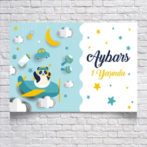 Uçakta Uçan Panda Temalı Doğum Günü Afişi 70X100 cm