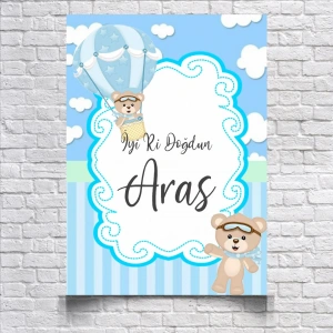 Uçan Balon ve Ayıcık Temalı Doğum Günü Afişi 70X100 cm