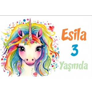 Gökkuşağı Saçlı Unicorn Temalı Doğum Günü Afişi -1 50X70 cm