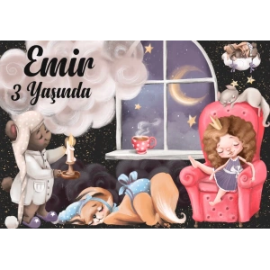 Uyuyan Hayvanlar Temalı Doğum Günü Afişi 35X50 cm