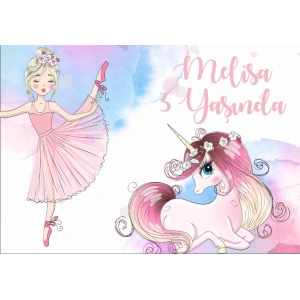 Unicorn ve Balerin Tenalı Doğum günü Afişi 100X150 cm