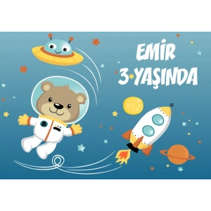 Uzay ve Sevimli Hayvanlar Temalı Doğum Günü Afişi - 35x50 Cm