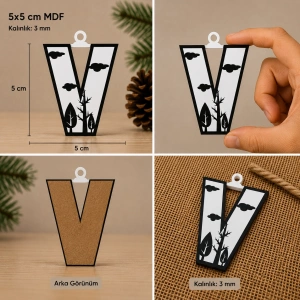 V Harf Yılbaşı Süsü – MDF Çam Ağacı Desenli Asılabilir Dekor (5x5 cm)