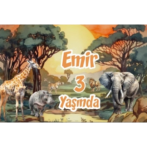 Safari Gün Batımı ve Hayvanlar Temalı Doğum Günü Afişi -1 100X150 cm