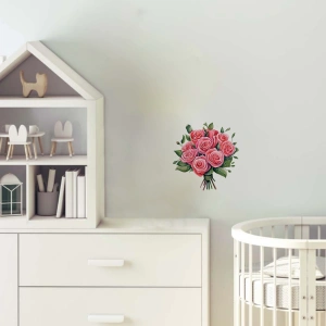 Yapraklı Pembe Gül Buketi Duvar Stickerı