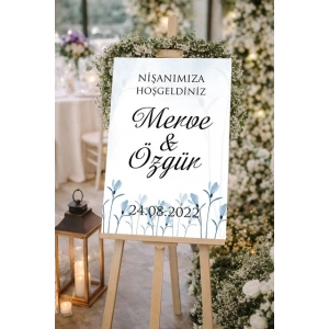 Sade Mavi Çiçekli Düğün, Nişan ve Söz Karşılama Panosu – 50x70 cm
