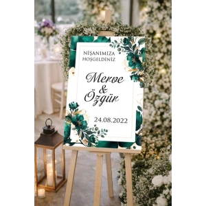Yeşil Çiçekli Düğün, Nişan ve Söz Karşılama Panosu – 50x70 cm