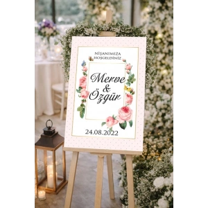 Pembe Çiçekli Düğün, Nişan ve Söz Karşılama Panosu – 50x70 cm
