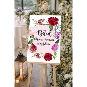 Kırmızı çiçekli  Düğün, Nişan ve Söz Karşılama Panosu – 50x70 cm