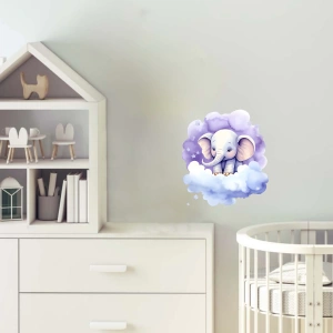 Yıldızlı Bulut Üzerinde Oturan Mor Fil Duvar Çıkartması