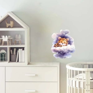 Yıldızlı Bulut Üzerinde Uyuyan Sevimli Kaplan Yavrusu Duvar Çıkartması