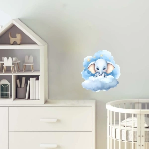 Yıldızlı Mavi Bulut Üzerinde Oturan Sevimli Fil Duvar Çıkartması