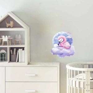 Yıldızlı ve Bulutlu Küre İçinde Uyuyan Pembe Flamingo Duvar Çıkartması