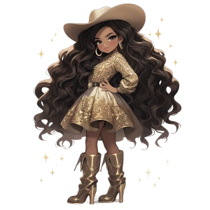 Altın Desenli Kısa Elbiseli Kovboy Kız Duvar Stickerı