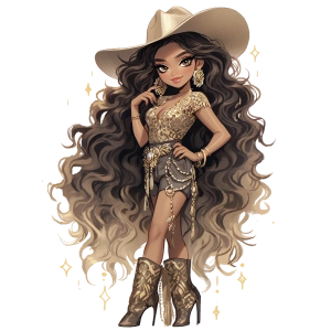 Altın Detaylı Şortlu ve Şapkalı Kovboy Kız Duvar Stickerı