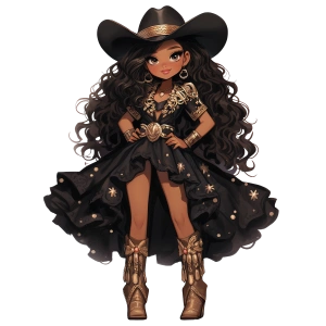 Asimetrik Kesim Siyah Elbiseli Kovboy Kız Duvar Stickerı