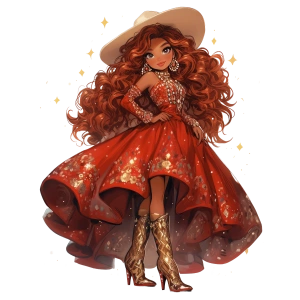 Beyaz Şapkalı Kırmızı Elbiseli Kovboy Kız Duvar Stickerı