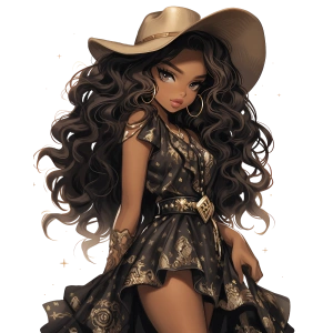 Desenli Siyah ve Altın Elbiseli Kovboy Kız Duvar Stickerı