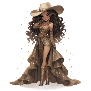Işıltılı Altın Katlı Elbiseli Kovboy Kız Duvar Stickerı