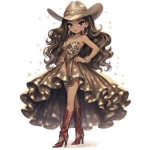 Kahverengi Çizmeli Yıldızlı Elbiseli Kovboy Kız Duvar Stickerı