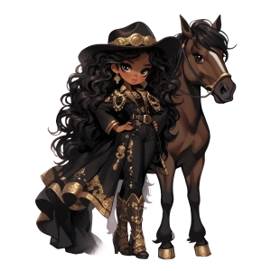 Kara Altın Elbiseli Süslü Kovboy Kız Duvar Stickerı