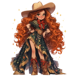 Kırmızı Fiyonklu Koyu Yeşil Elbiseli Kovboy Kız Duvar Stickerı