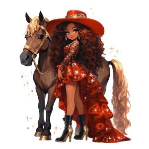 Kırmızı Şapkalı ve Uzun Kırmızı Elbiseli Kovboy Kız Duvar Stickerı