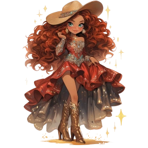 Kırmızı ve Altın Elbiseli Göz Alıcı Kovboy Kız Duvar Stickerı